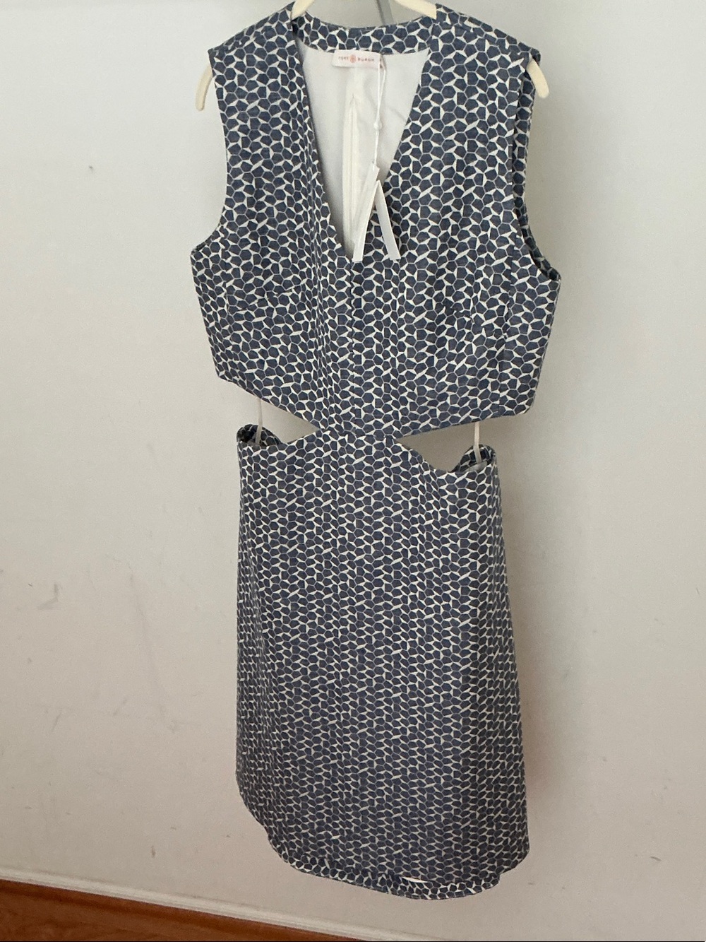 Tory Burch Navy and White Geometric Cutout Midi Dress